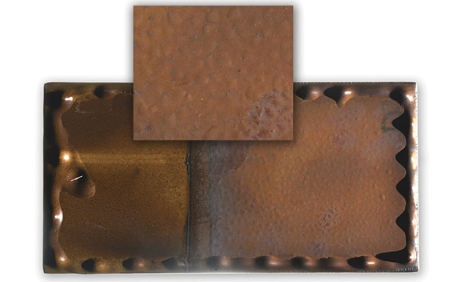 Epoxy 涂层 钢 显示 水泡 和 开裂 后 (right) 暴露 于 175 年 C (350 F) 去 离子水 为 28 个 几天上面图片的放大部分的右侧面板,这是完全沉浸。