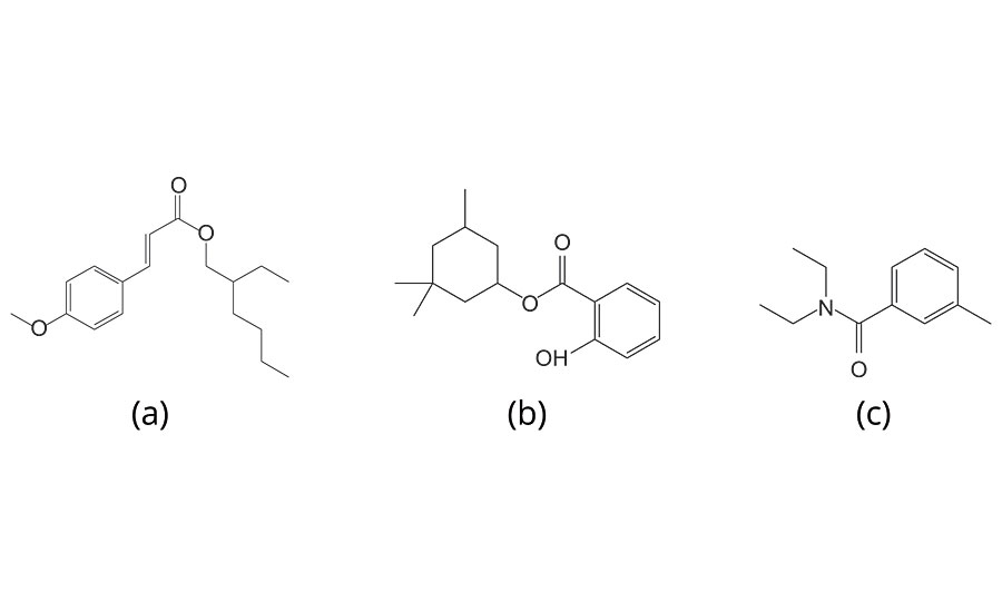 化学结构成分的测试解决方案,(a) 3 - (4-Methoxyphenyl) 2-propene acid-2-ethylhexyl酯,(b) 3, 3, 5-Trimethylcyclohexyl水杨酸和(c) N, N - Diethyl-m-toluamidegydF4y2Ba