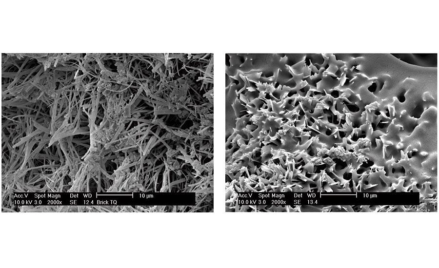 扫描电子显微镜(SEM)的照片，非常多孔的基材前后浸渍纳米乳胶