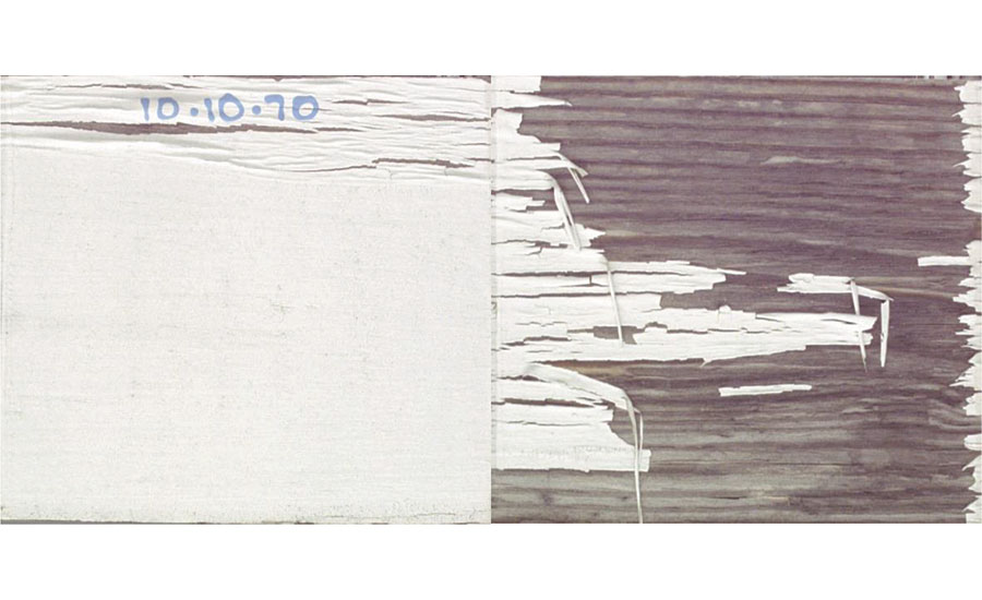 相同的面漆暴露在三个月的风化黄松58个月(左)和(右)使用底漆