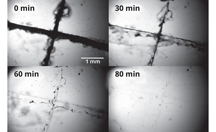自愈合过程前(左上)和后(右下)聚硫化物-环氧树脂薄膜的光学显微镜图像(U. Lafont, 2012)。