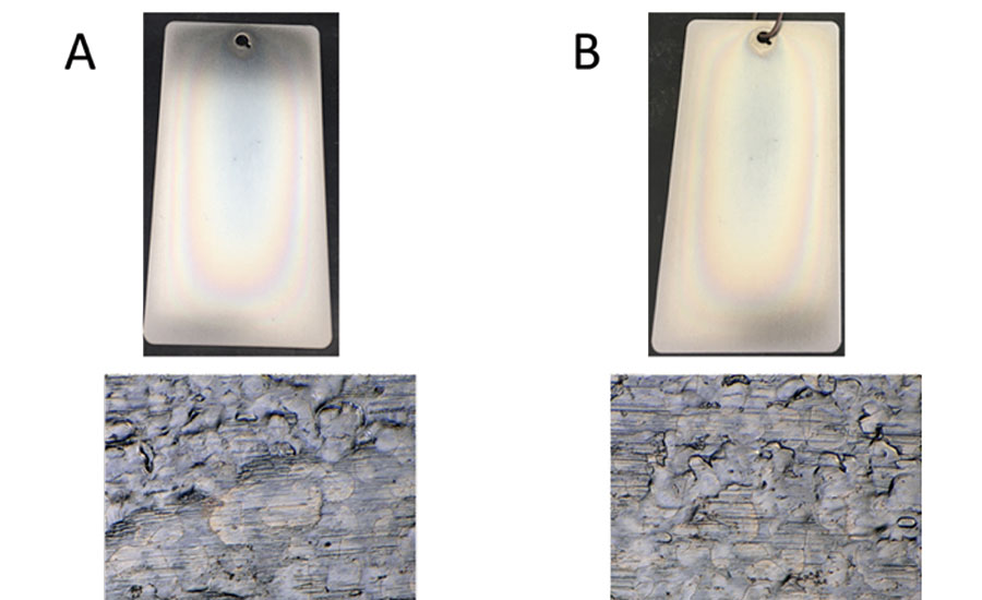 应用Lumidize (A)和(B) 96小时后的表面外观。显微镜图像在1000倍使用同轴照明。