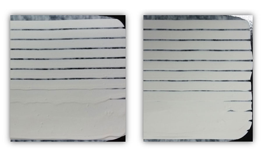 Anti-sagging行为。左:控制配方;右:Valida-based油漆。基于ASTM D4400的内部测试方法。