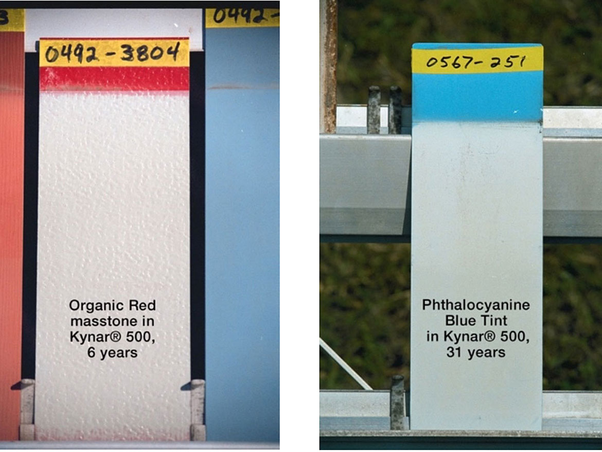 二氧化钛与有机颜料着色的PVDF/丙烯酸在南佛罗里达曝光。(图片由Arkema提供)。