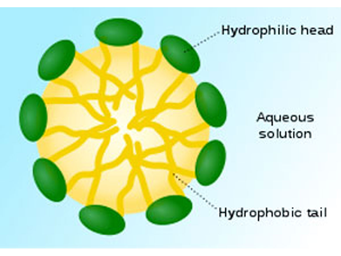 表面活性剂胶束的结构，其中烃链向内取向，亲水性极性（绿色）基团在表面上。