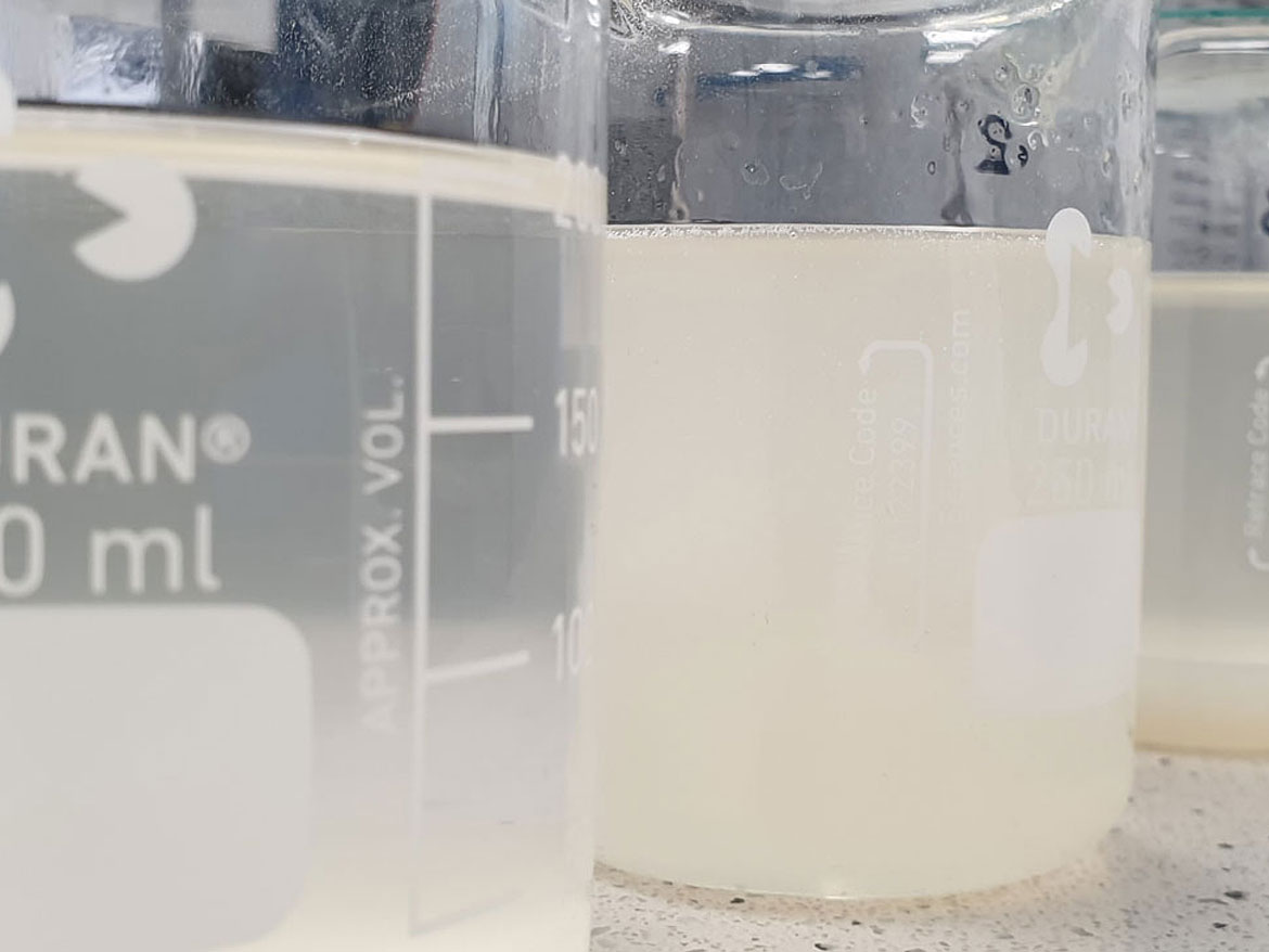 由于碱化正确和不正确(在Spektrochem实验室建立发酵剂配方的阶段)，烧杯中的纤维素醚溶液膨胀到不同程度。