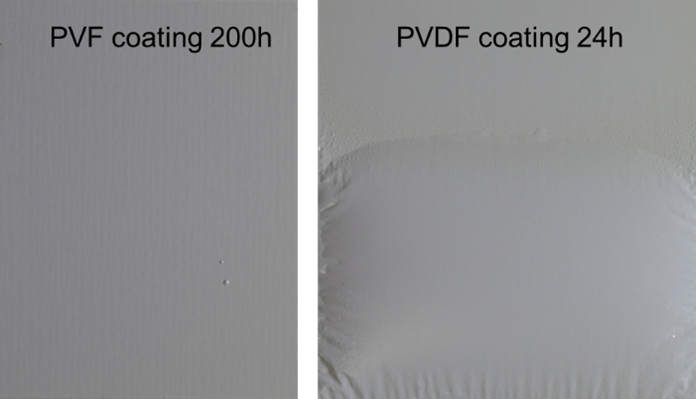 聚氟乙烯涂层在10%盐酸200小时和PVDF涂层剥落在10%盐酸在24小时