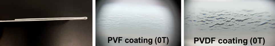 金属弯曲下三通管测试0 t(左),聚氟乙烯涂料的高放大成像在0 t没有显示裂缝(中间),PVDF涂层在0 t显示裂缝(右)