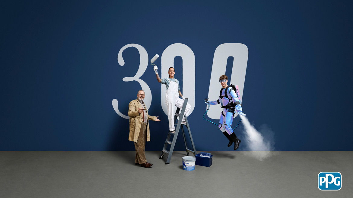 图像的一个画家,一个科学家和一个探索者站在面前的一个大招牌,说“300”